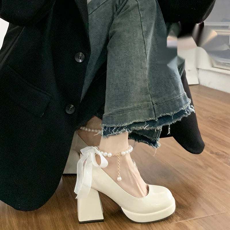 Lace Bow and pearl accent High Heels  Square Toe  Pumps Thick Heel
