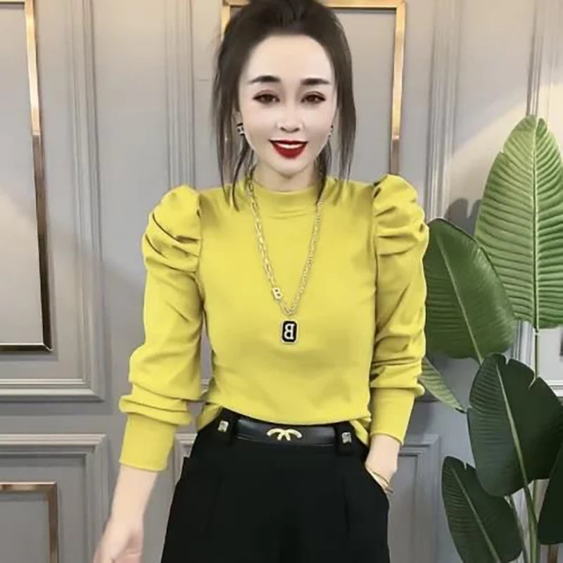 Elegant Stand Collar Solid Color Puff Sleeve Blouse