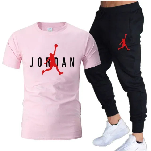Summer Men's Tracksuit Suit Brand Short Sleeve T-Shirt + Trousers 2-Piece Sets Fitness Jogging Sports Pants Sportswear Suit