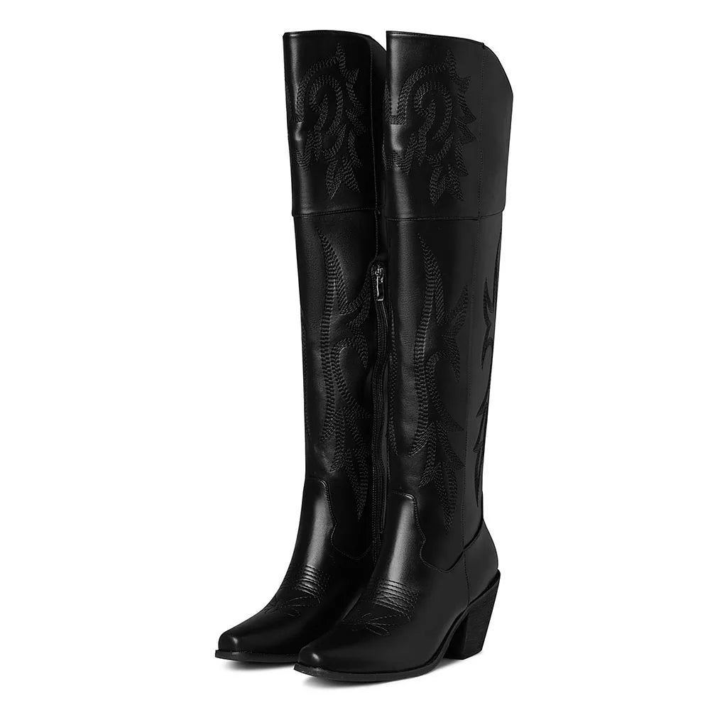 Embroidered Women Over Knee Western Boots Pointed Toe Side Zipper Chunky High Heel Shoes