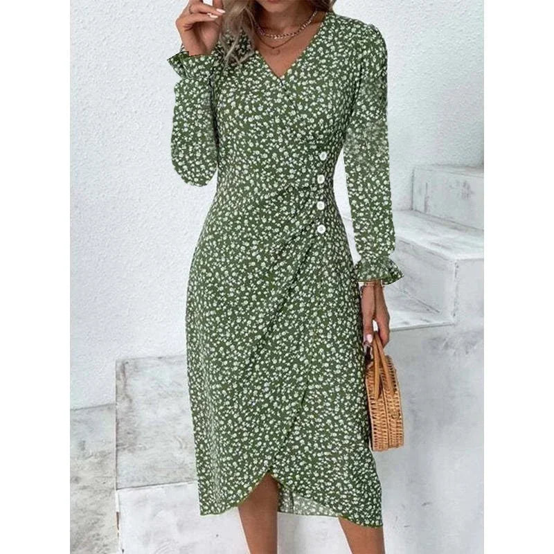 Elegant Floral Pleated H shaped Midi Dress Female V Neck Puff Sleeve Waist Ruched Button Dresses Women Summer Dress