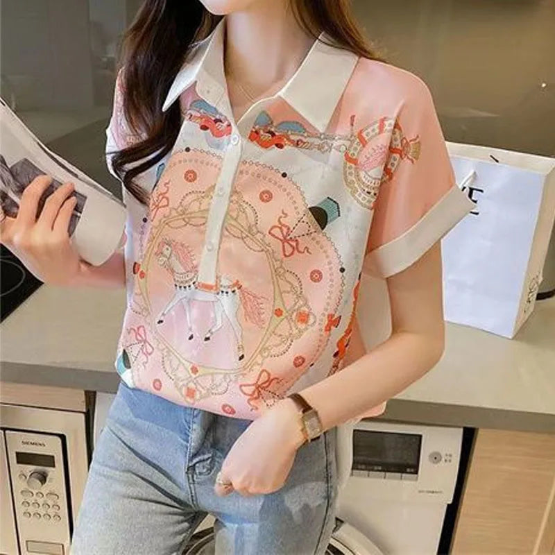 Casual Printed Polo-Neck Chiffon Blouse  Short Sleeve