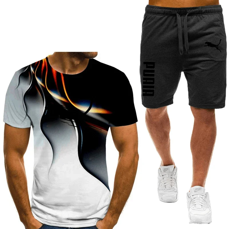 Two piece animal pattern printed men's suit summer casual daily men's short sleeved T-shirt outdoor street men's sports shorts