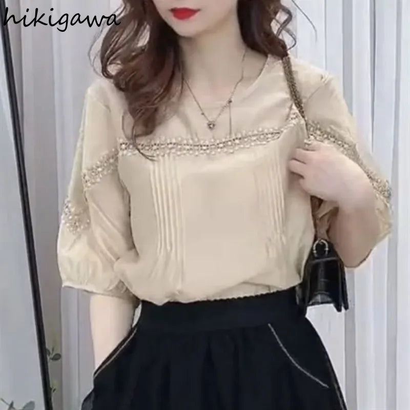Vintage Blouse  Short Sleeve O-neck Patchwork Lace Chiffon
