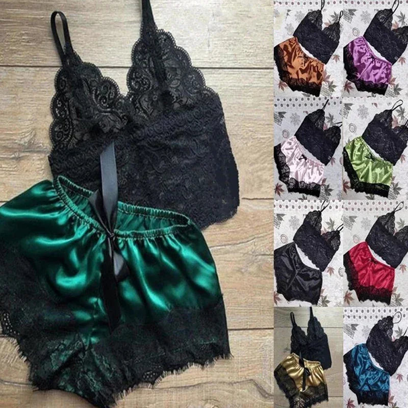 Sleepwear Women's Sexy Pajamas Set Lace Lingerie Sleeveless V-Neck Tops and Shorts Sets Nightwear Loungewear