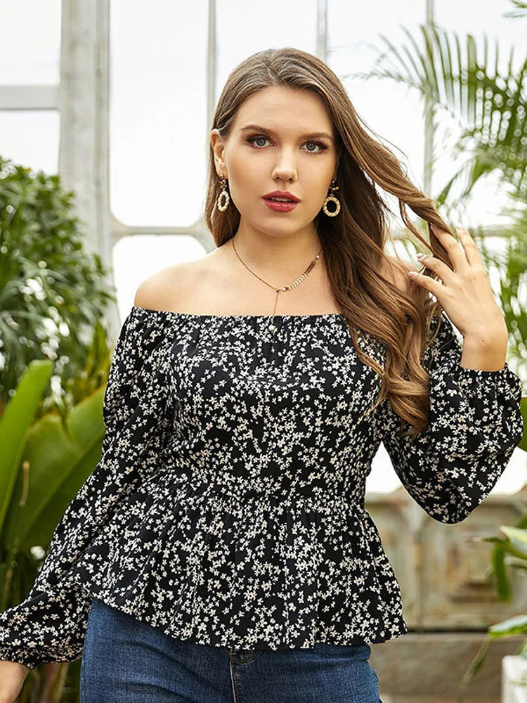 Floral Print Off The Shoulder Peplum Blouse Long Sleeve Casual