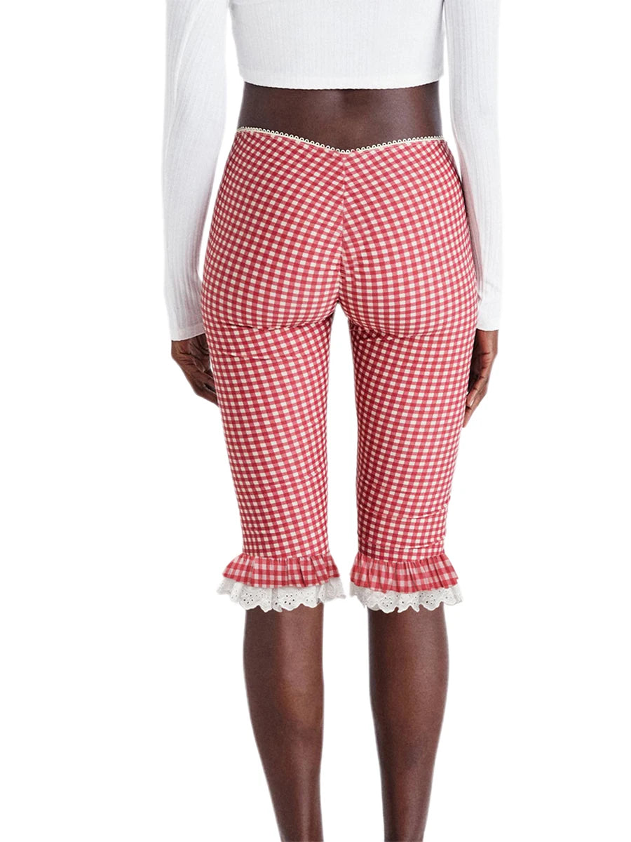 Women s Checkered Capri Pants with Lace Ruffles and Stretchy Cropped Leggings for Summer Casual Wear