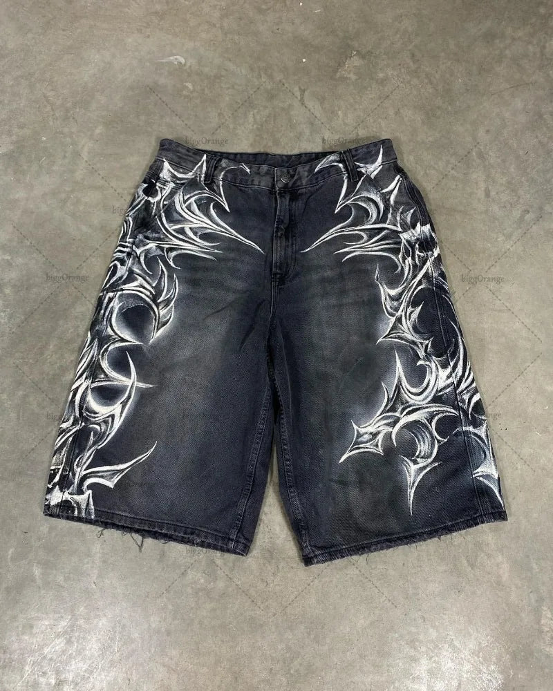Street Hip-hop Classic Personalized Printed Straight Loose Fashion Jeans Retro  Casual All-match Shorts Women