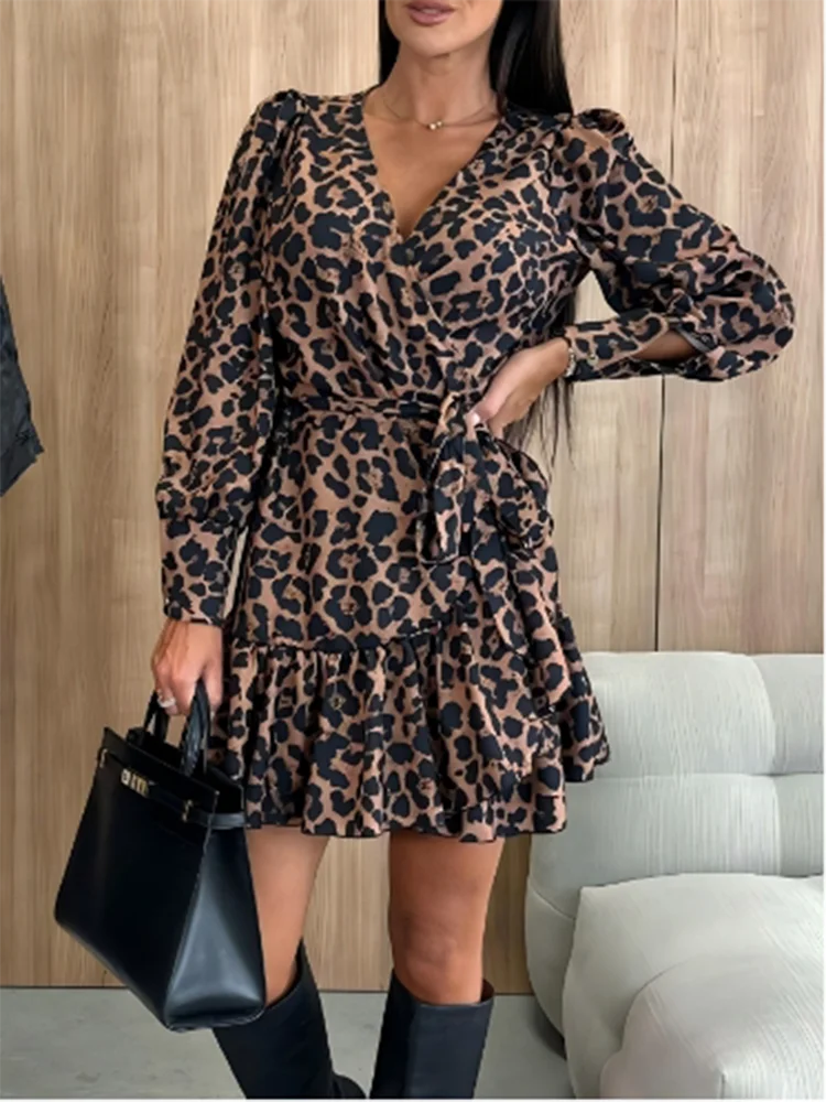 Women's Leopard Printed Dresses V-Neck Lace Up Bubble Long Sleeved Sexy Dress Elegant Dating Autumn Mini Dress