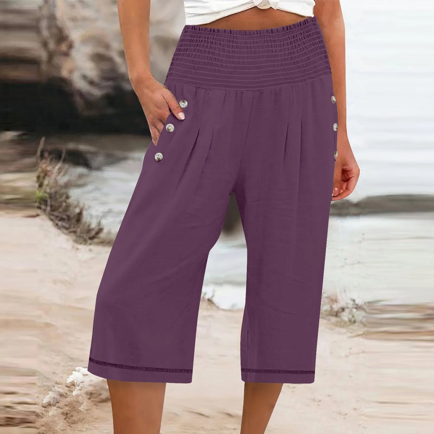Women Cropped Pants Cotton Linen Baggy Trousers Drawstring Elastic Waist Solid Straight Pants