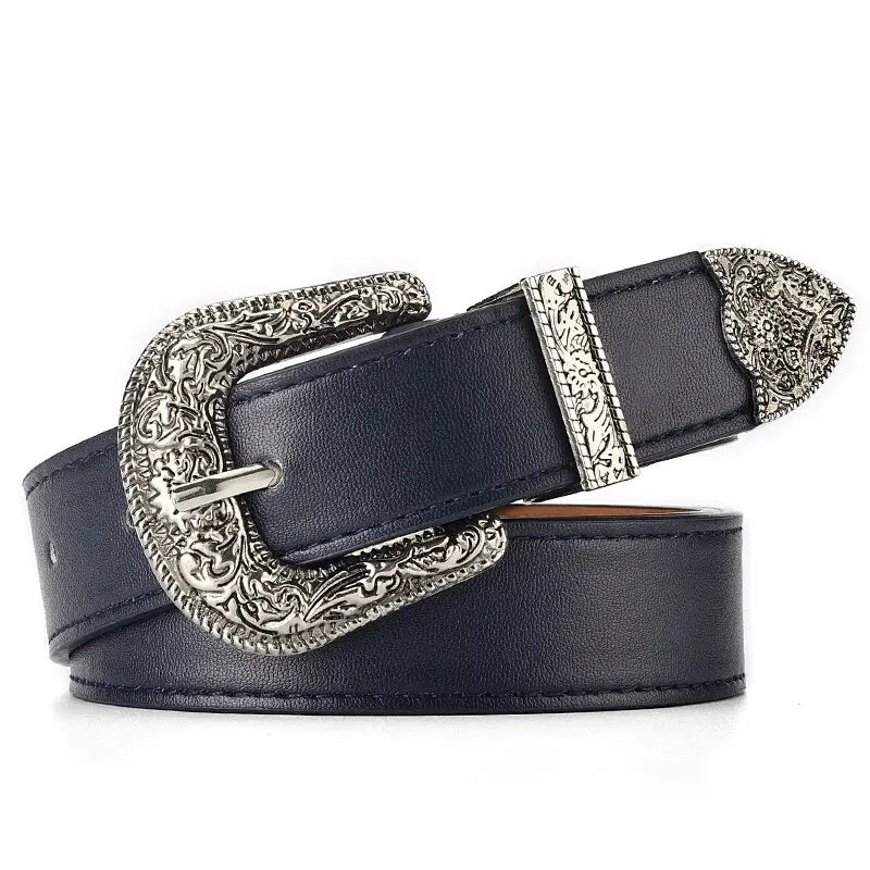 Women's Belt Vintage Carved Needle Buckle Belt Rock Style Jeans Belt PU Leather Belt