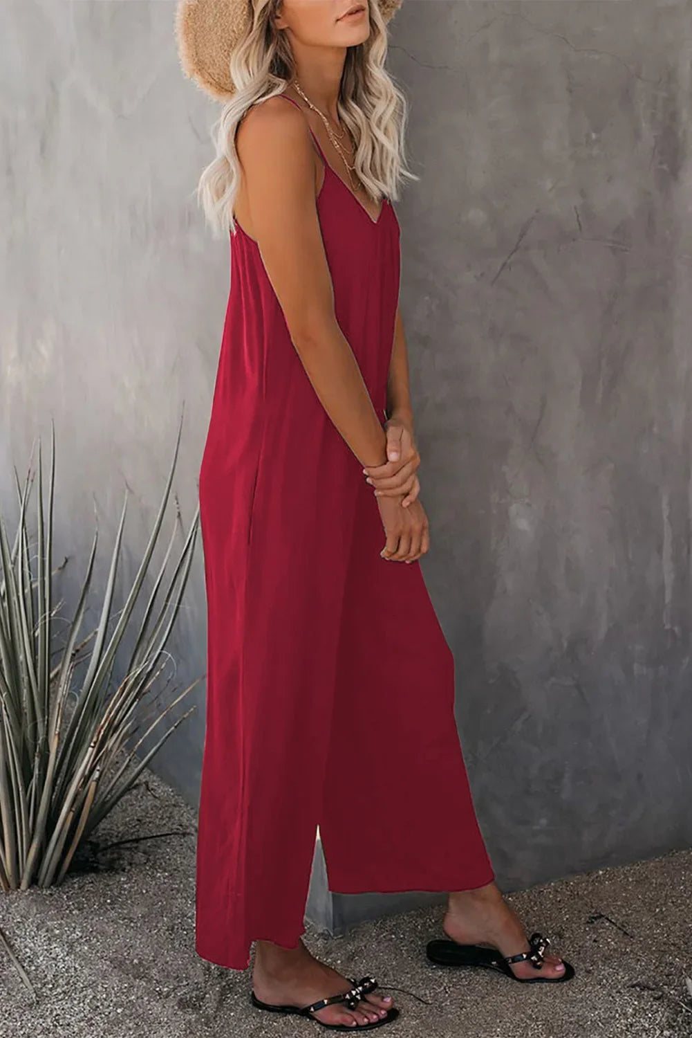 European and American Suspender  Women's Summer Foreign Trade Solid Color Pocket Casual Jumpsuit