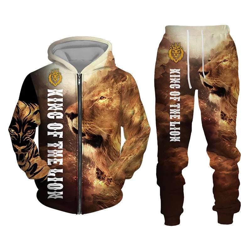 Men's Tracksuit 3D The Lion Print Zipper Hoodies Sweatshirts Pants Sets Casual Men's Clothing Women's Tracksuit