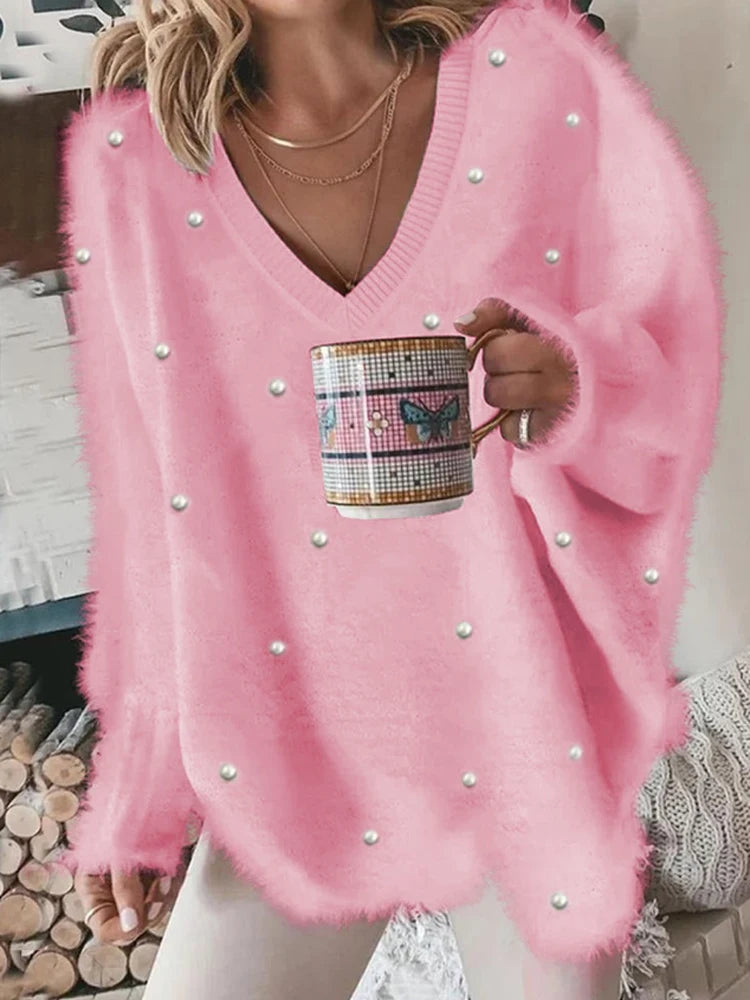Women's Pullover Sweater Jumper Ribbed Knit Oversized Solid Color V Neck Stylish Casual Outdoor Daily Fall Winter