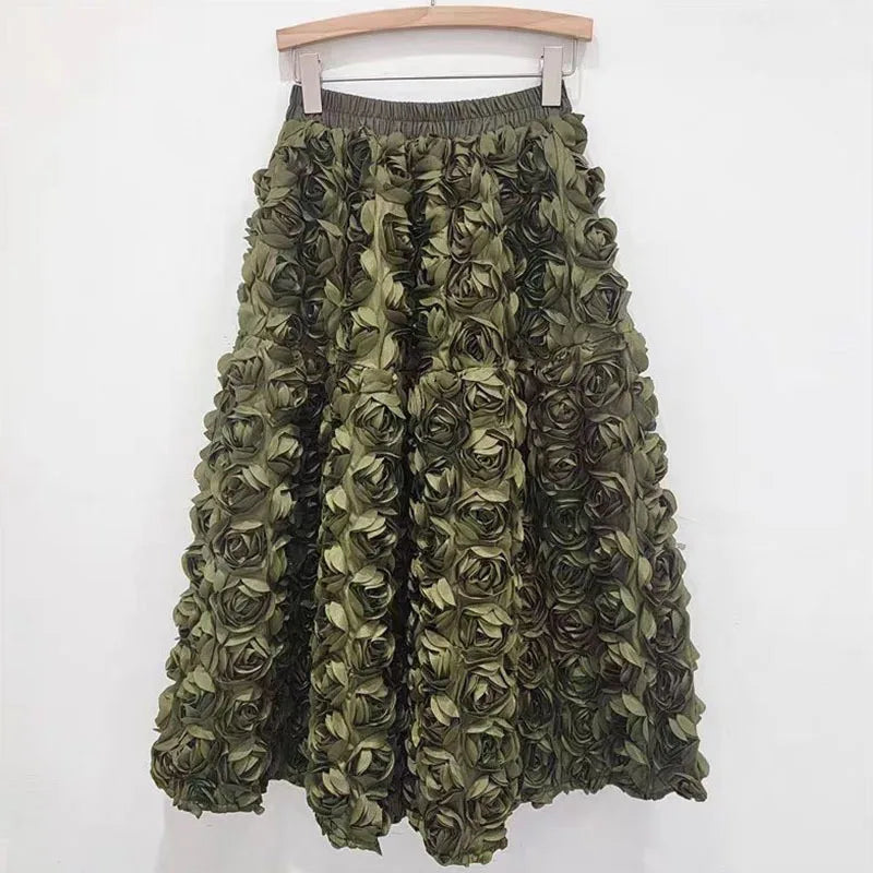 Three Dimensional Flower Mid-calf  High Waist Big Swing  A-line Skirt