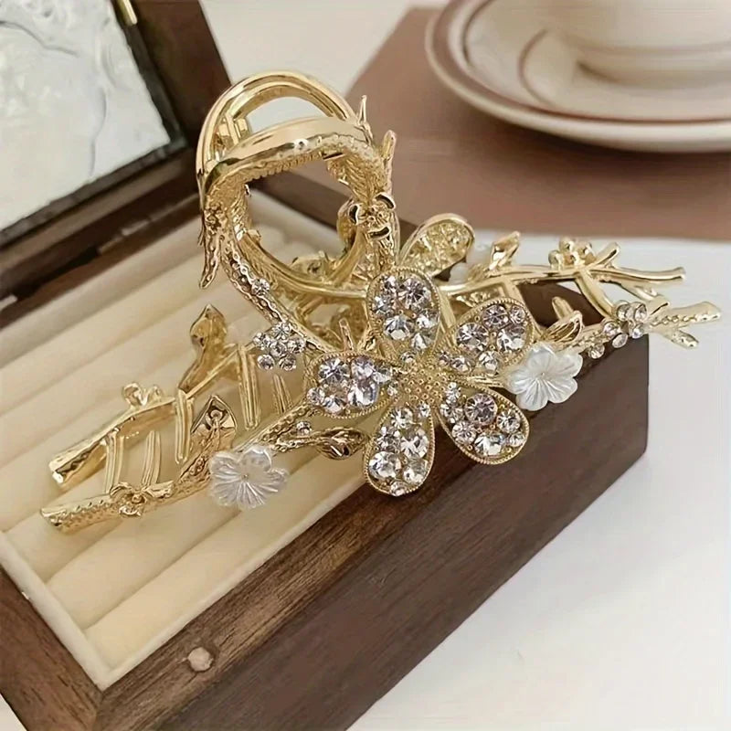 Branches Rhinestone Flowers Large Grab Clip Delicate Hair Clip High-end Luxury Back of the Head Coiled Hair Headdresses