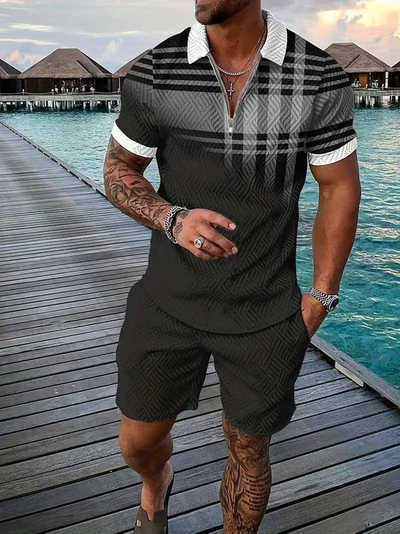 Zipper POLO Shirt Shorts Set Summer Fashion Casual Men's Sports Set 3D Printed Simple Style Lapel Zipper POLO Shirt 2 Sets