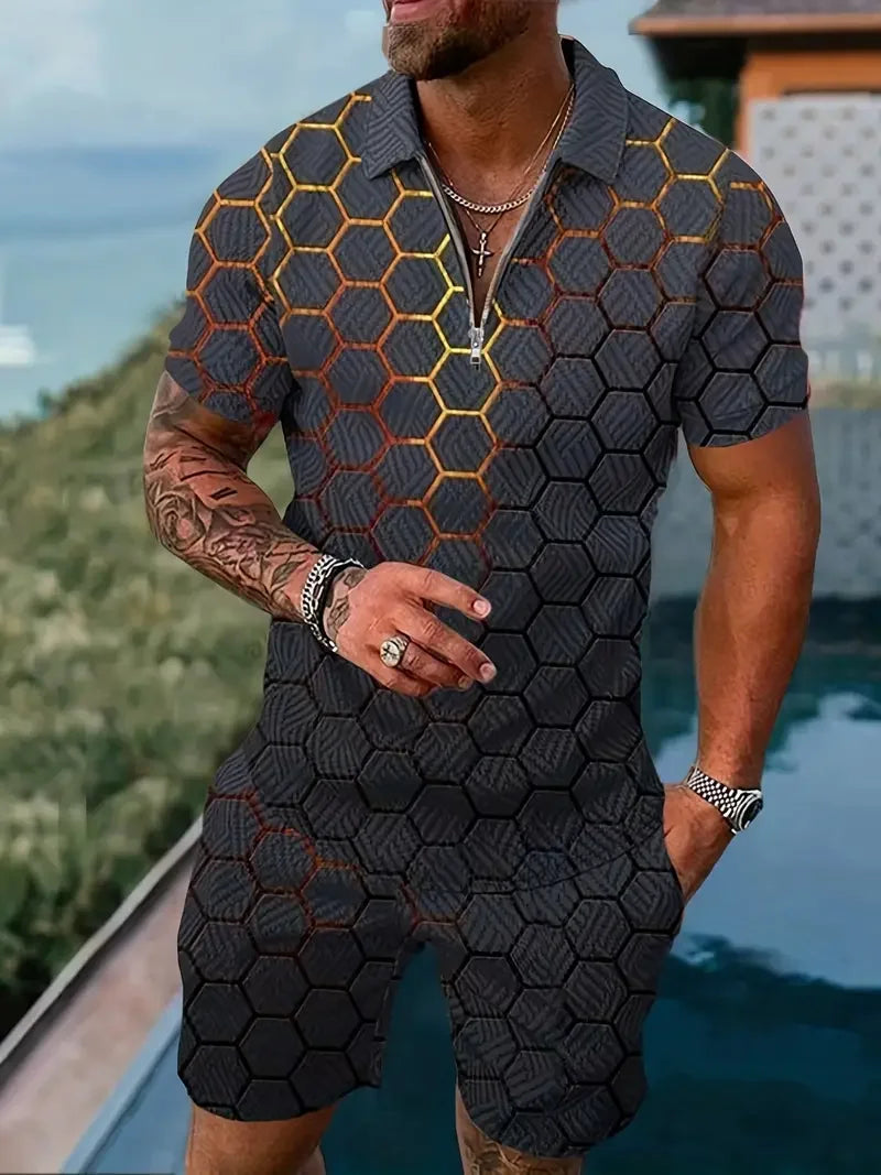 Zipper POLO Shirt Shorts Set Summer Fashion Casual Men's Sports Set 3D Printed Simple Style Lapel Zipper POLO Shirt 2 Sets