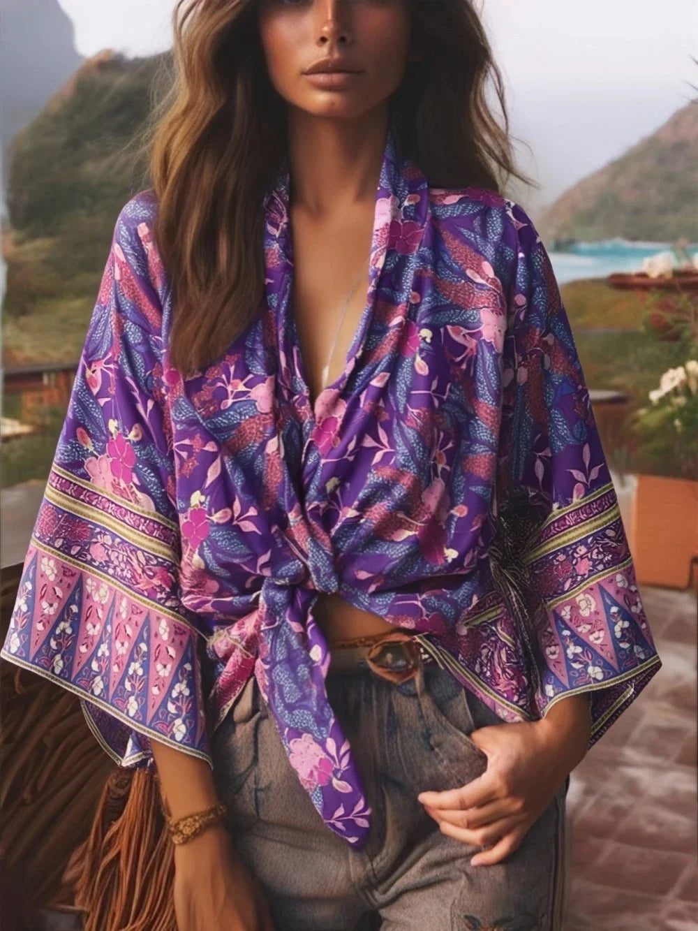 Hippie Queens Floral Print Sashes Short  Kimono Women Fashion V Neck Batwing Sleeves Lady Boho Bikini Cover-ups
