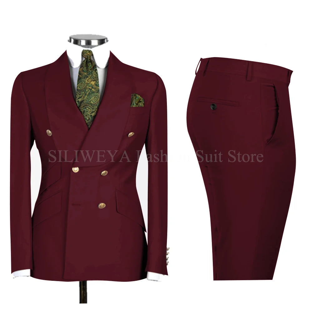 Gold Men Business Casual Men's Suits Jacket Pants Set Male Blazer Coat Pants 2PCS Slim Fit Suits