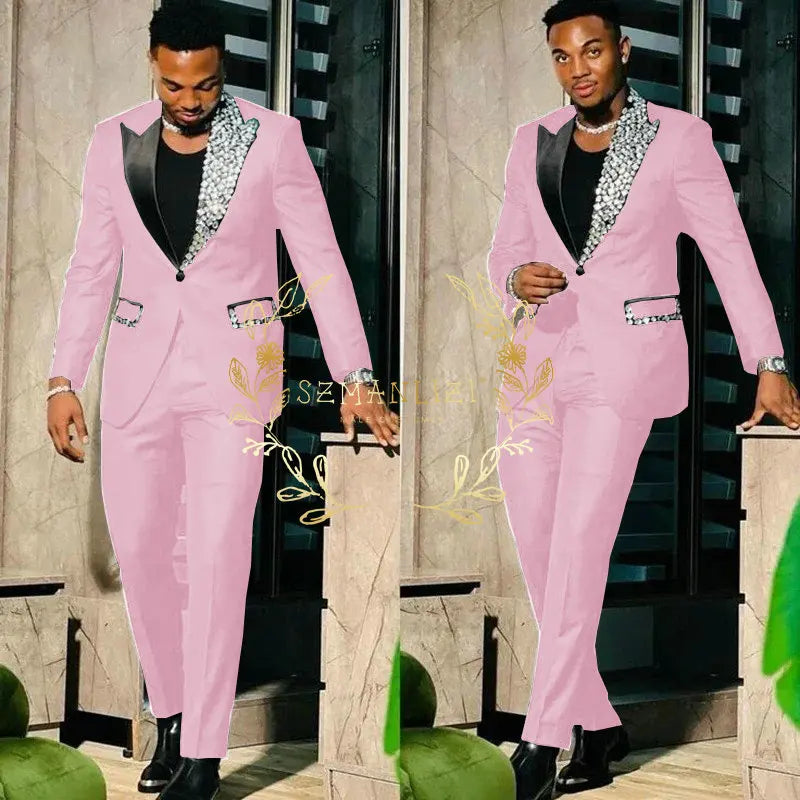 Suits for Men Slim Fit Single Breasted Peak Lapel Blazer High Quality Crystal Prom Party 2 Piece Jacket Pants Sets Terno