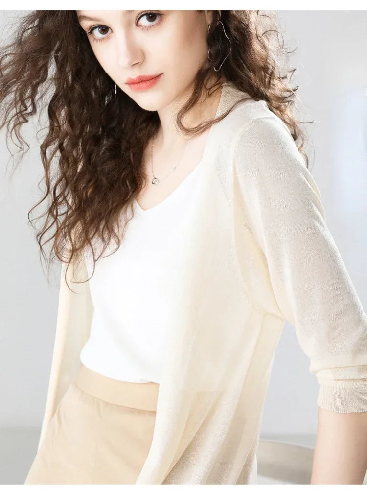 Summer Knit Long Sleeve Elegant Jacket Hollow Cardigan Thin Ice Silk Sun Protection Shirt Vacation Coat for Women