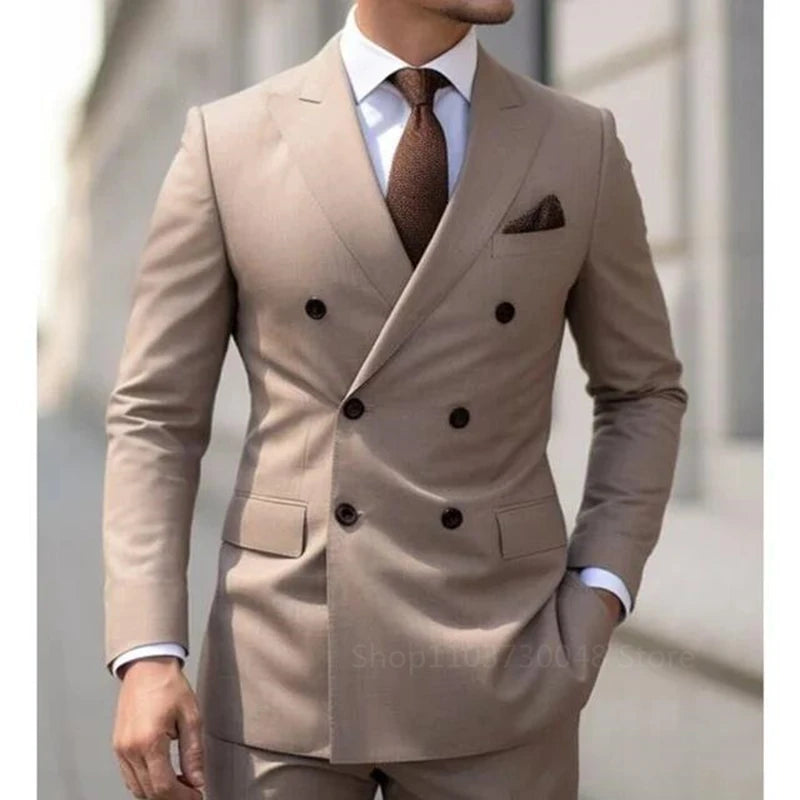 Solid 2 Pieces Men Suits Set Fashion Men's Formal Business/Wedding Groom Suits Peak Lapel Double Breasted Blazer Trousers