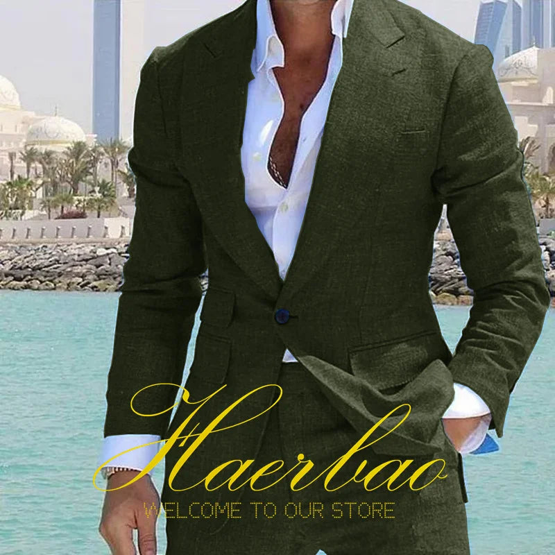 Summer Men's Linen Suit Set of 2 Wedding Groom Tuxedo Formal Lapel Jacket Pants Fashion Tailored Blazer for Men