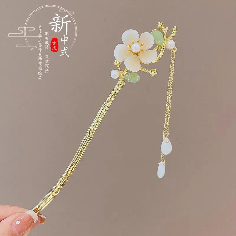 Elegant Chinese Style Hair Accessory Romantic Enameled Flower Tassel Hair Pin Alloy Jewelry Hairpin For Women Fashion Hairpin