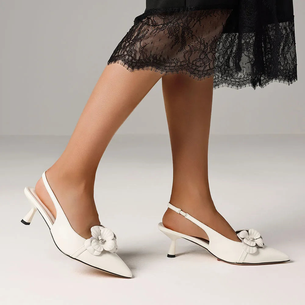 Flower Kitten High Heel Sandals  Pointed Toe Elastic Band Pull-on Slingback Pumps