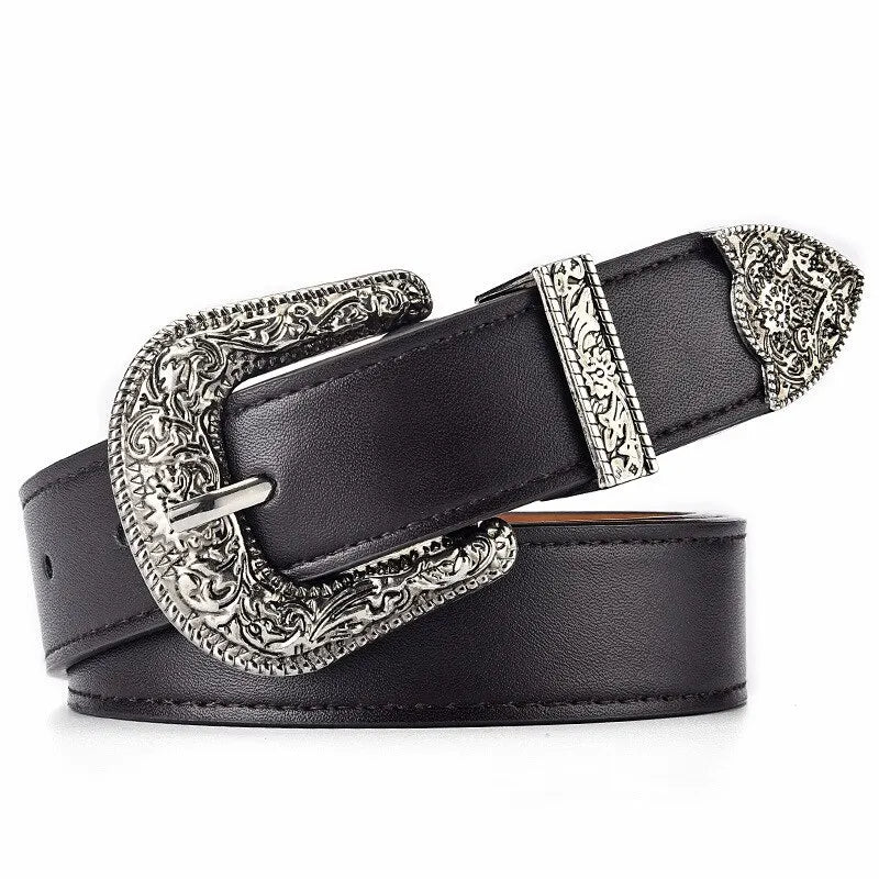 Women's Belt Vintage Carved Needle Buckle Belt Rock Style Jeans Belt PU Leather Belt