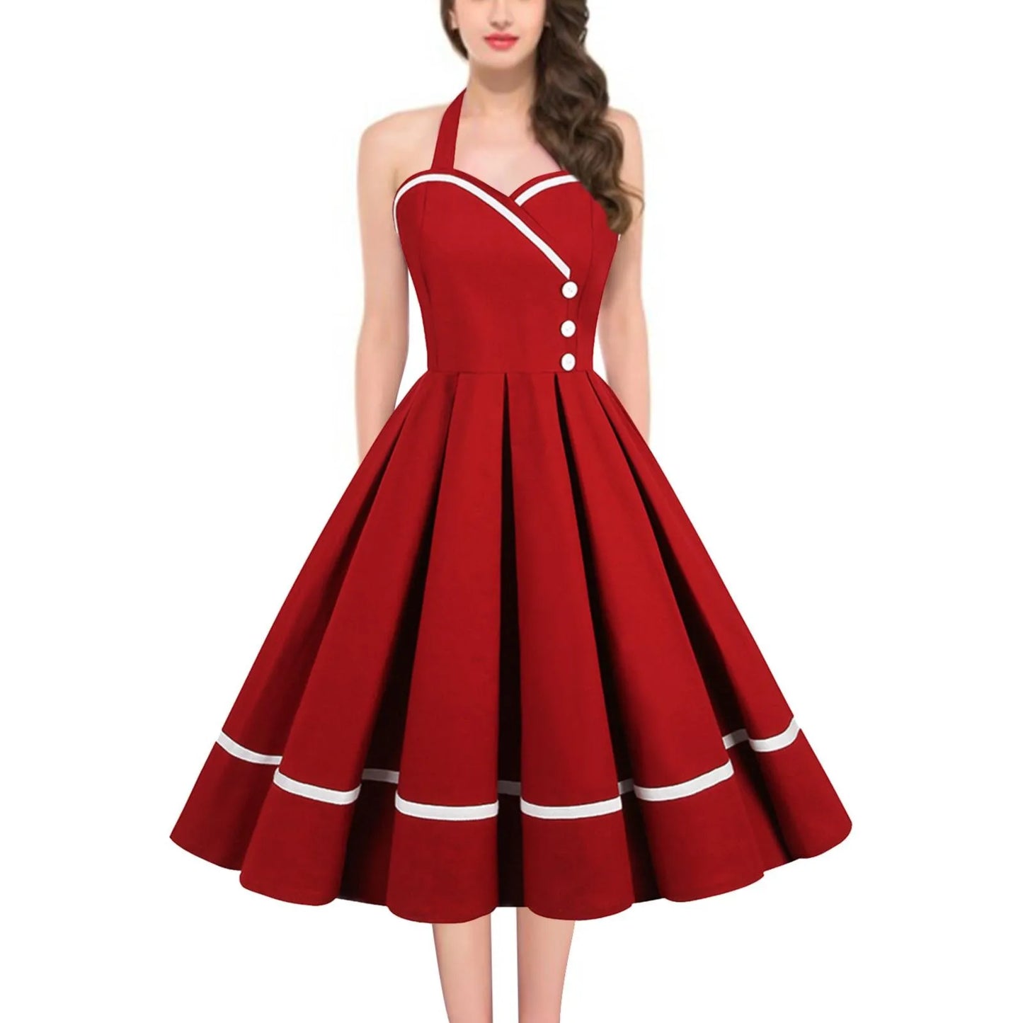 Halter Backless Pleated Big Swing Dresses Women Summer Retro 50s 60s Rockabilly Party Vintage Dress Pinup Elegant Evening Dress