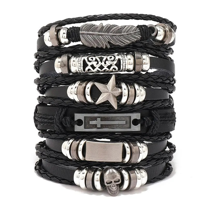 1 Fashion Bracelet Viking Bracelet For Men Hand Bracelets Woven Skull Hand Jewelry Adjustable Leather Set Bracelet