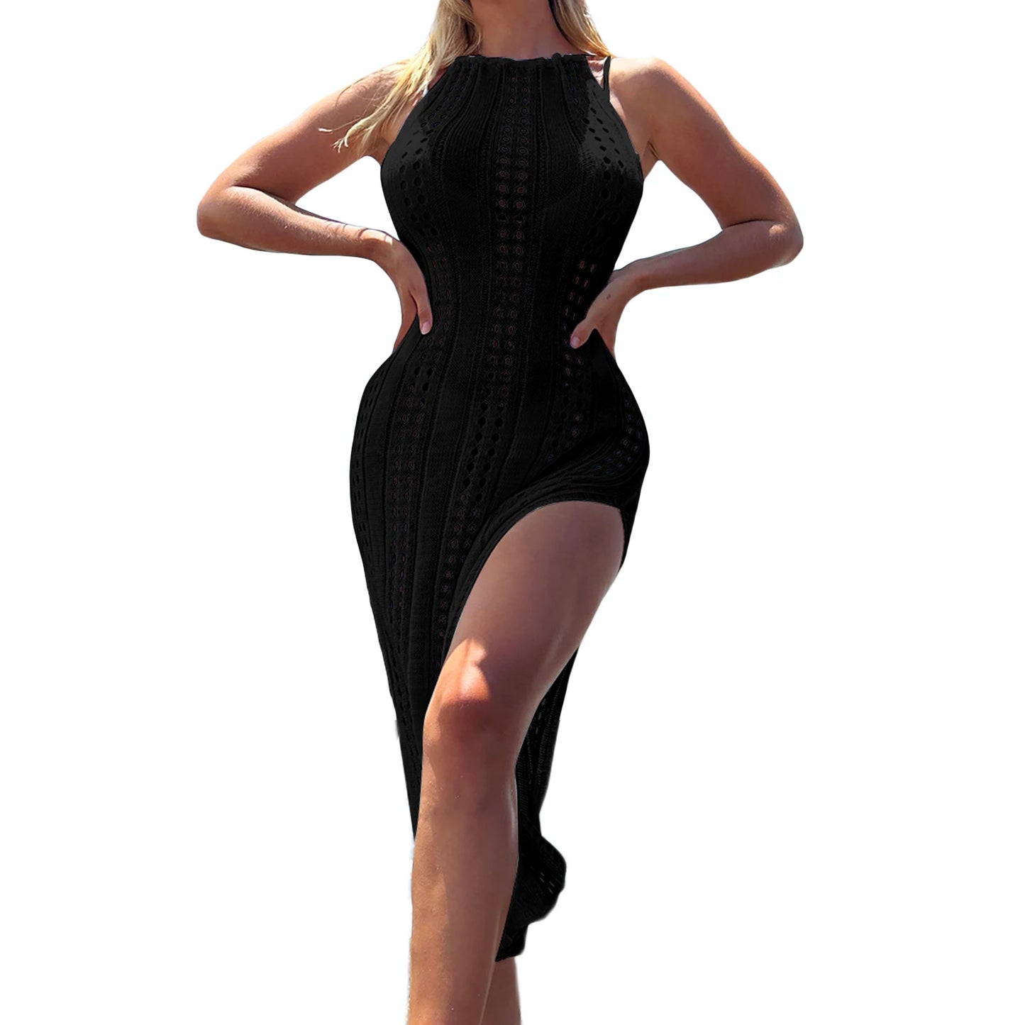 Elegant Crocheted Halter Neck Open Back Maxi Dress Sleeveless Hollow Out Slit Design