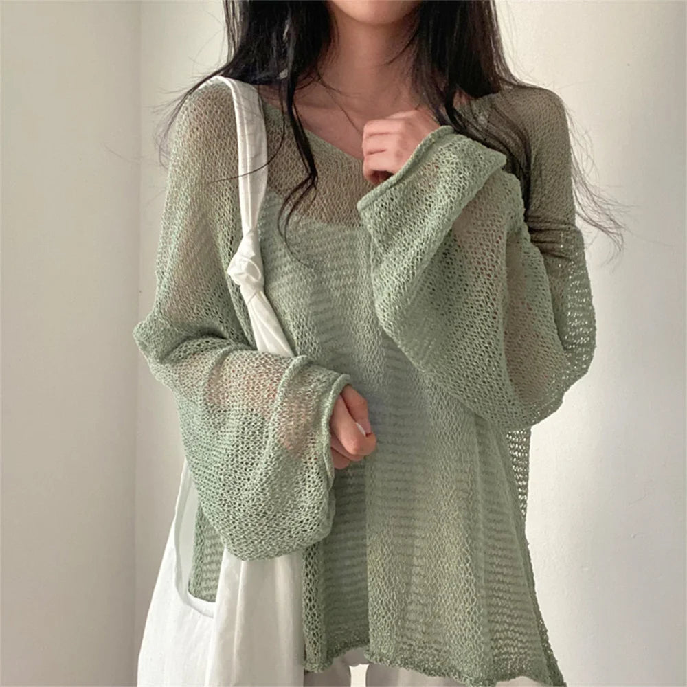 Women's Lazy Style Full Sleeves Jumpers Tops Hollow Out Sexy Women Fashion Casual Streetwear Chic Femme Sweaters Pullovers