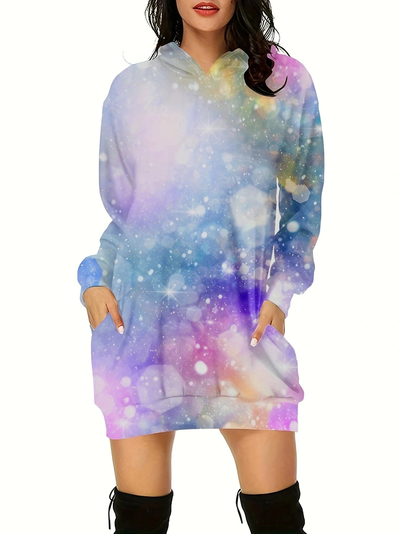 Colorful 3D Pattern Printed Hooded Dress, Long-sleeved
