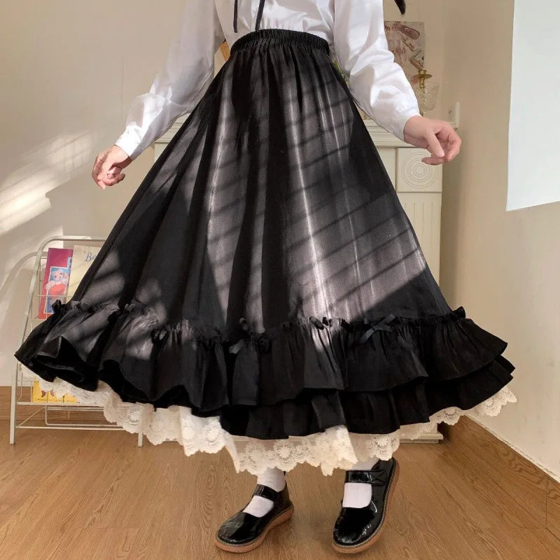 Lace Double Layer  Loose  Ruffled A-line Skirt