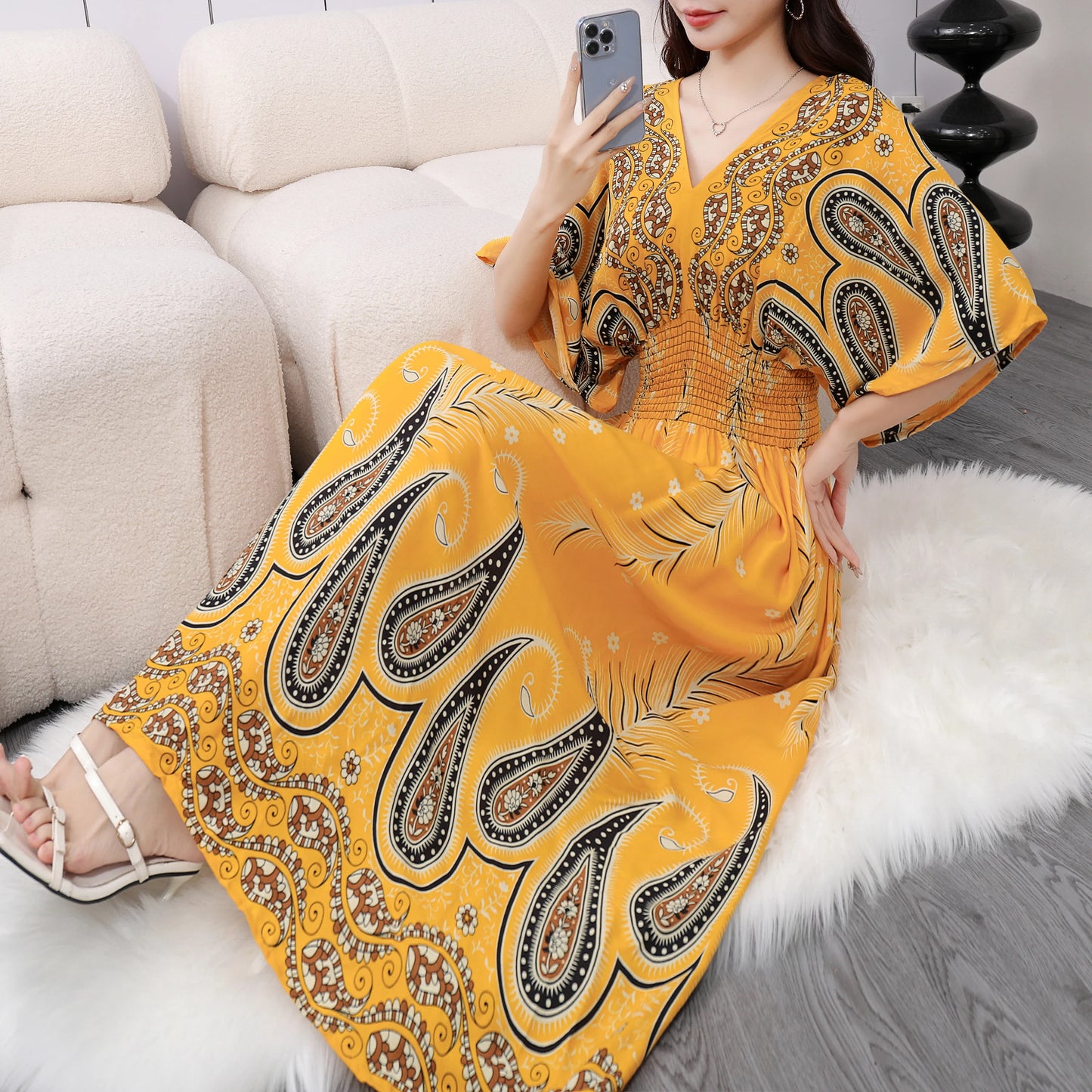 Colorful Flower V-neck Elastic Youthful Bohemian Sweet Midi Dress Woman Clothes Chic Fashion Summer Dresses