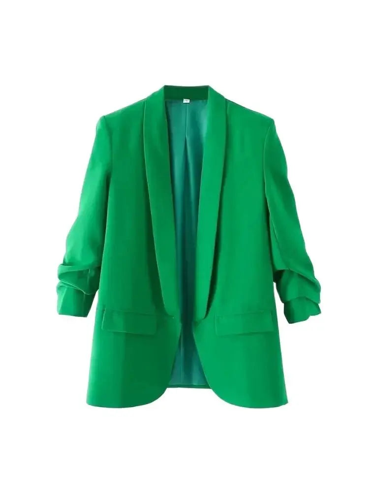 Fashion Office Wear Open Blazer  Vintage Long Pleated Sleeves Flap Pockets Female Outerwear Chic Tops