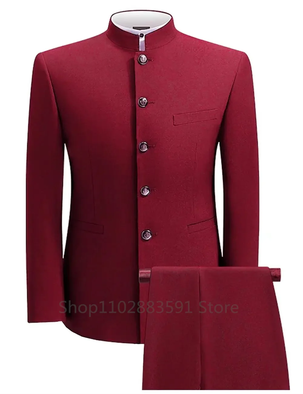 Formal Men's Business 2 Pieces Blazer + Pants Stand Lapel Men's Jacket Flat Suit Slim Fit Coat Groomsmen Party