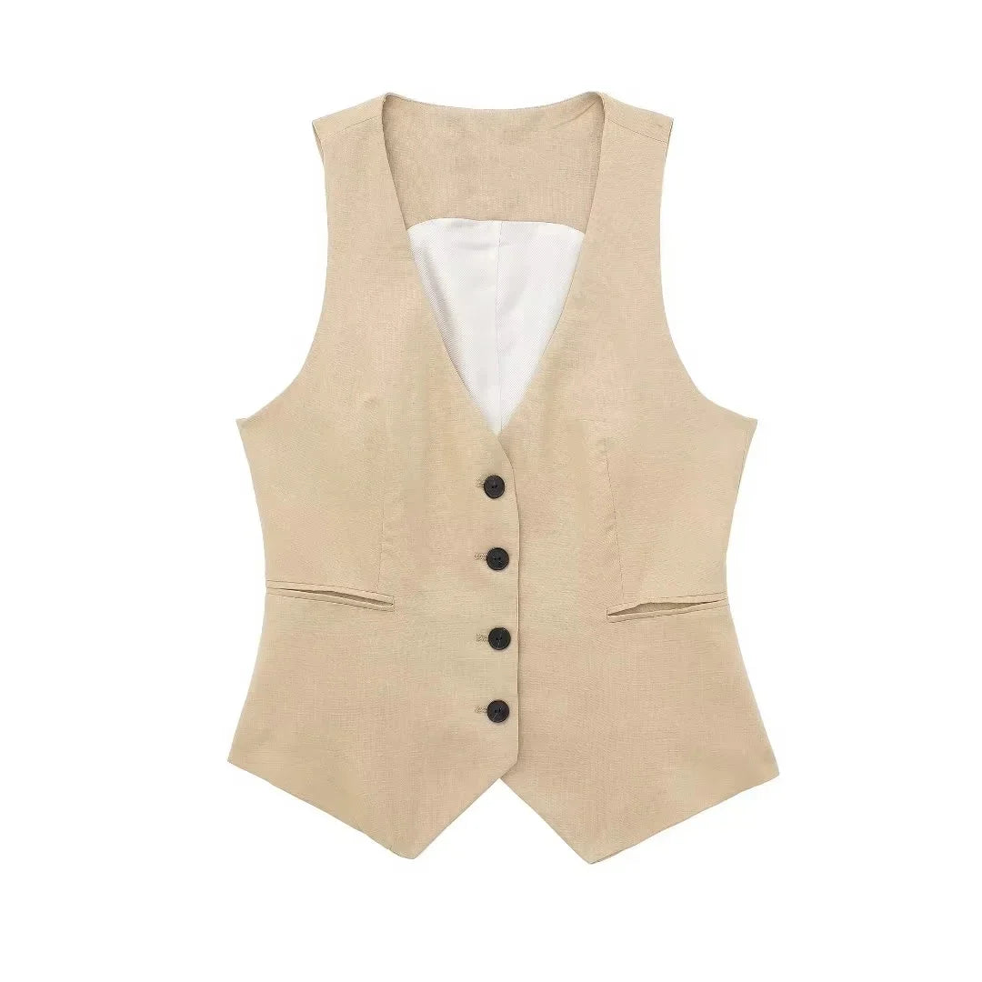 Fashion Women's Vest Linen Sleeveless Suit Vest for Women  Female Black White Suit Vest Top