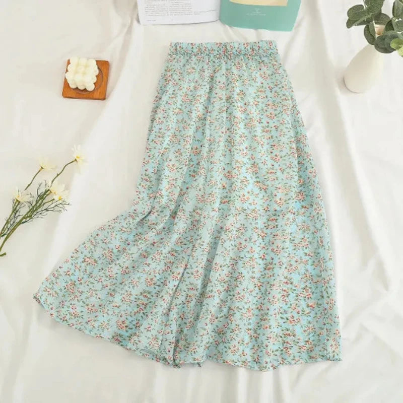 Chiffon Midi Skirt Floral Loose High Waist  Casual  A Line