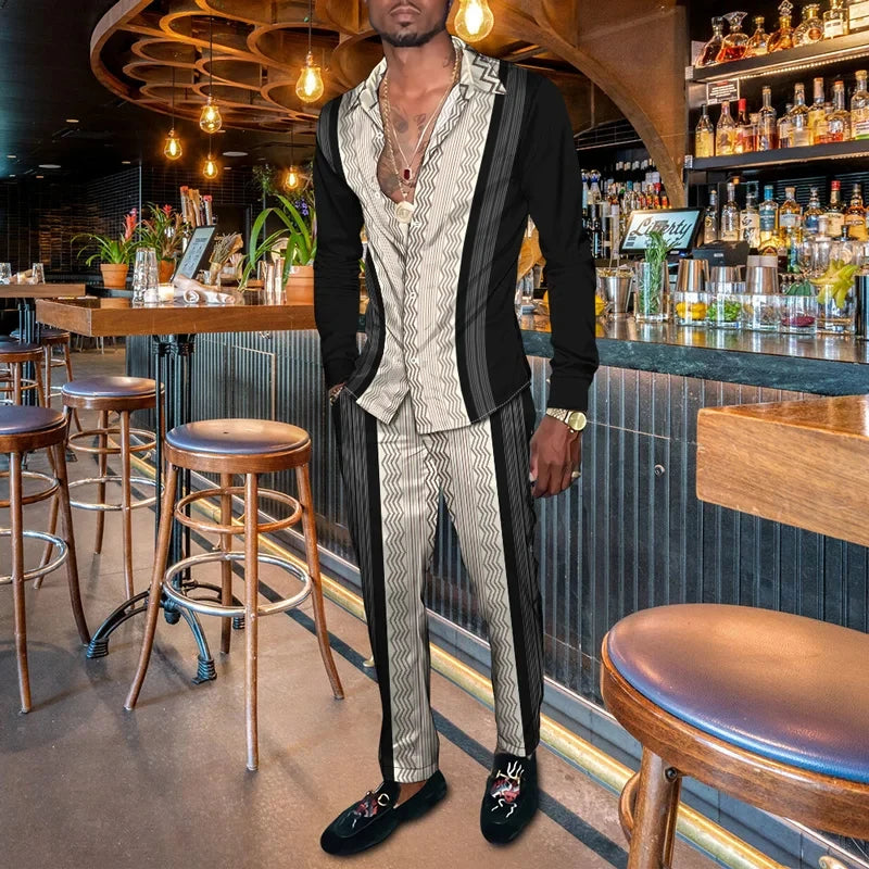 Retro Men's Shirt Suits 3D Luxury Print Fashion Men Casual Breathable Men's Lapel Long Sleeve Shirt Long Pants2 Pcs Set