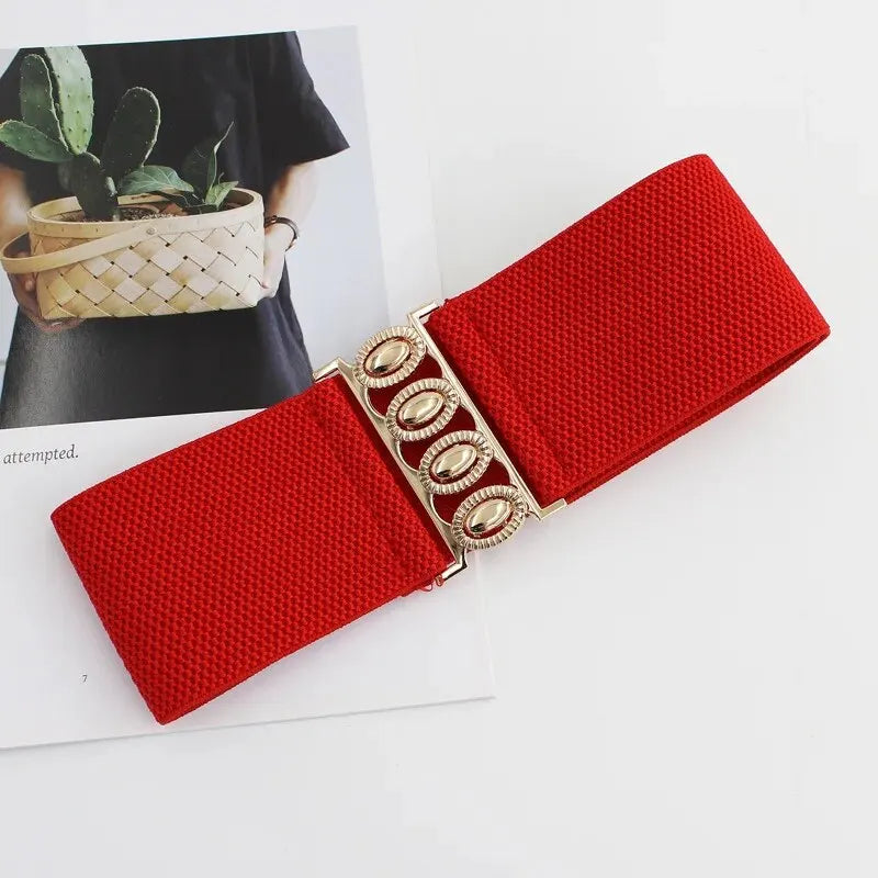 Women's Belt Fashion Elastic Waist Cover Golden Buckle Elastic Waist Closure Versatile Wide Belt