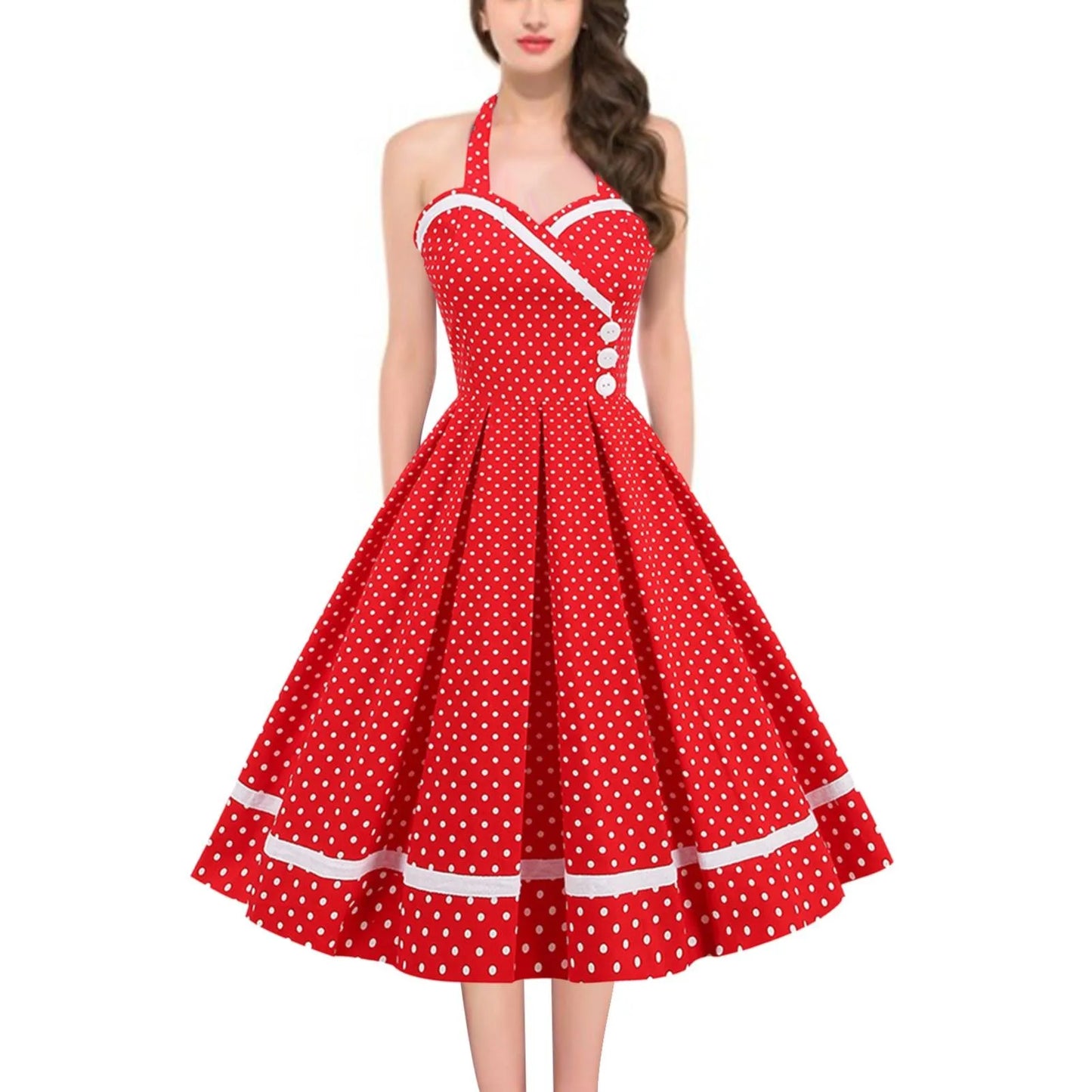 Halter Backless Pleated Big Swing Dresses Women Summer Retro 50s 60s Rockabilly Party Vintage Dress Pinup Elegant Evening Dress