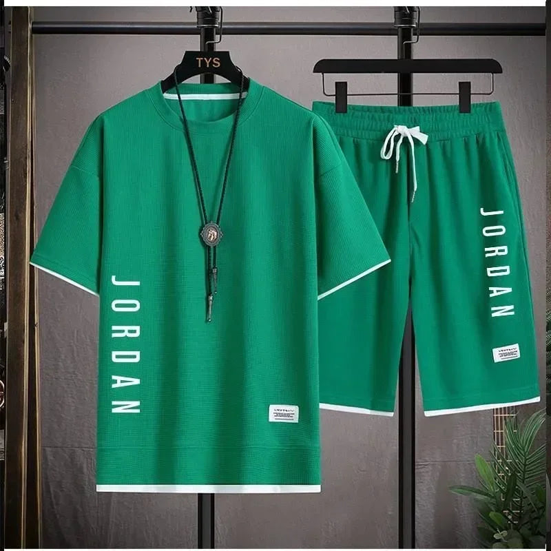 Stylish casual T-shirt + Shorts set Men's sports set Loose comfortable low Run  men's summer Waffle suit