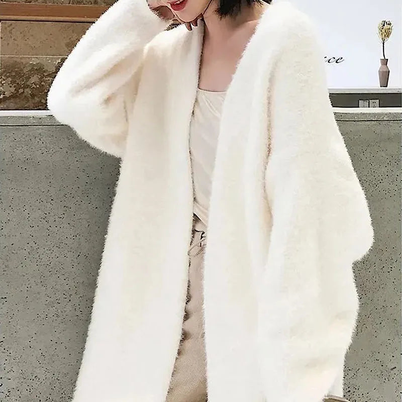 white Long Cardigan for women winter clothes Knitted fluffy long sleeve Cashmere sweater coat warm vintage