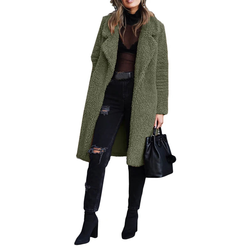 Stylish Solid Color Coat with Long Sleeves and Folded Collar Trendy Outerwear