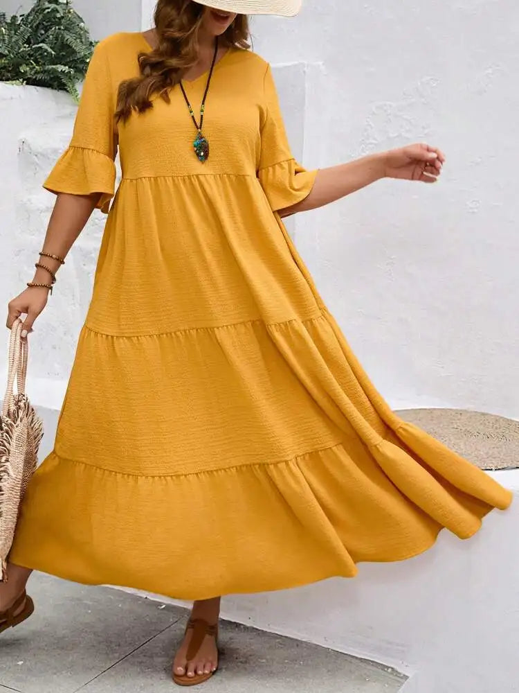 Spring and Summer  Large V-neck Splicing Multi color Multi plus size Long Style Large Swing Dress