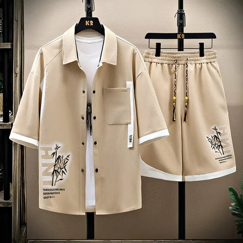 Casual Sets Male Shorts and Shirts Men Shirts + Shorts Summer Elastic Waist Sportswear Men's Printing Pattern Men's Fashion